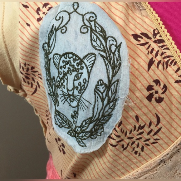 📍SOLD📍RARE FREE PEOPLE APPLIQUÉ W/PINK OBI BELT CAP SLEEVE COTTON TOP-M - Picture 4 of 10